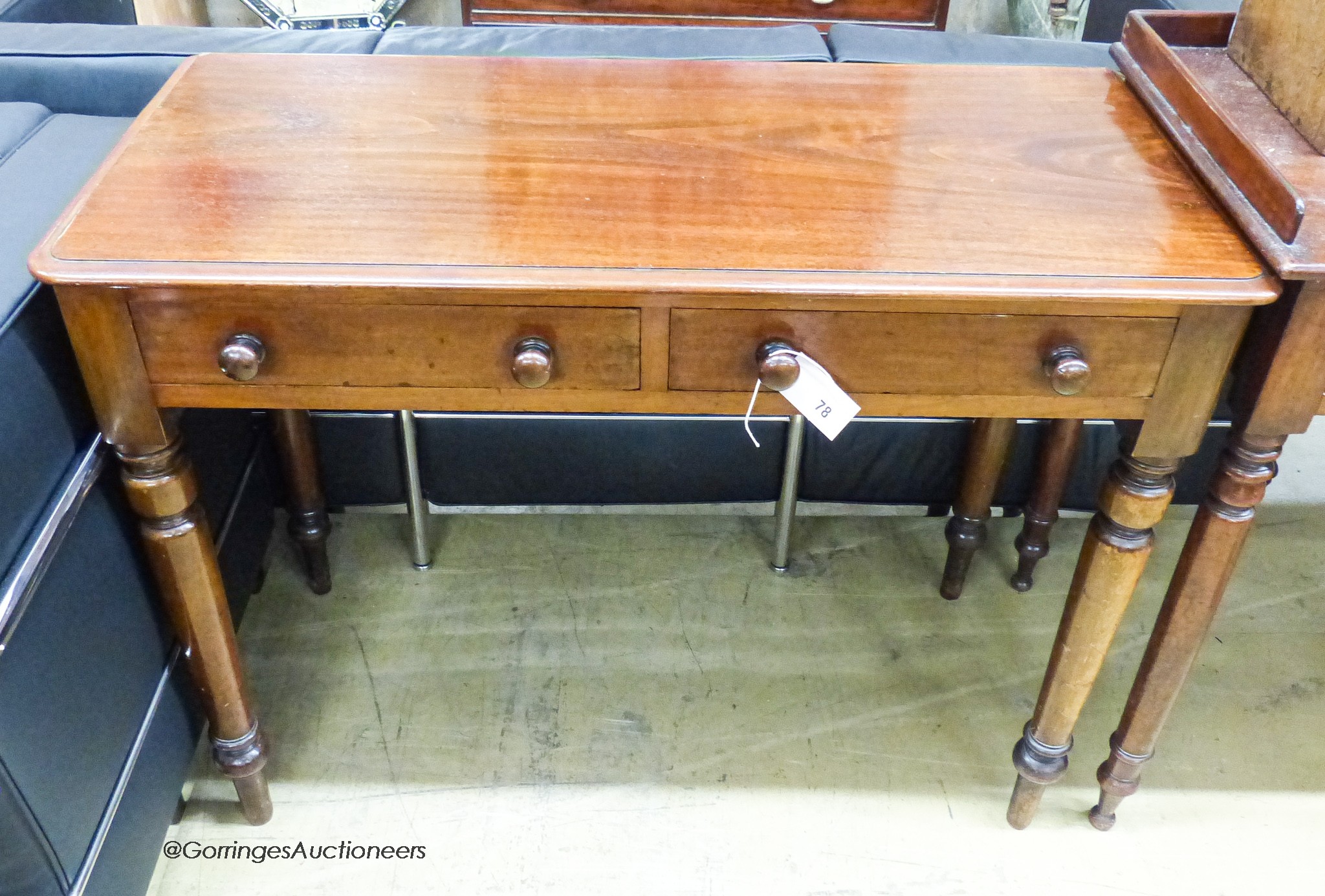 A Victorian mahogany two drawer side table, width 98cm, depth 45cm, height 74cm